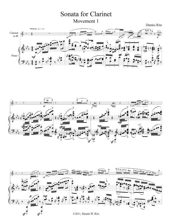 “Sonats for Clarinet Movement One” music score