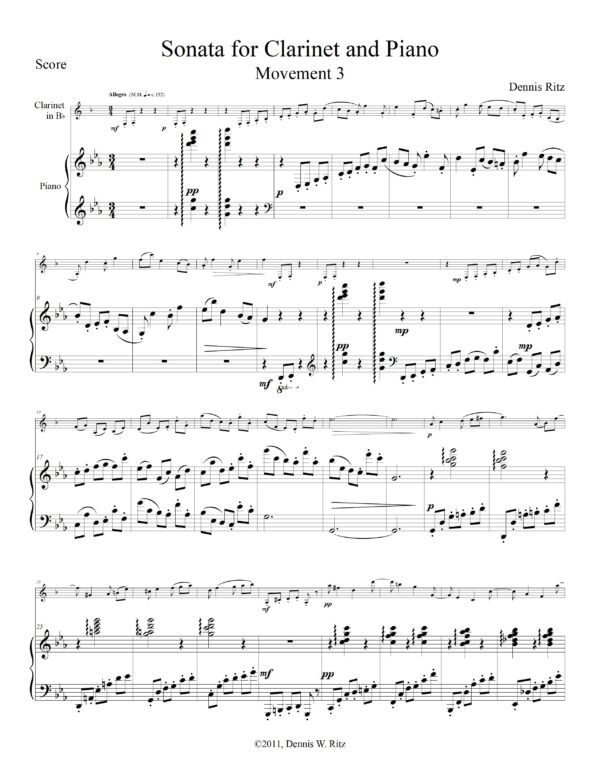 “Sonats for Clarinet Movement Three” music score