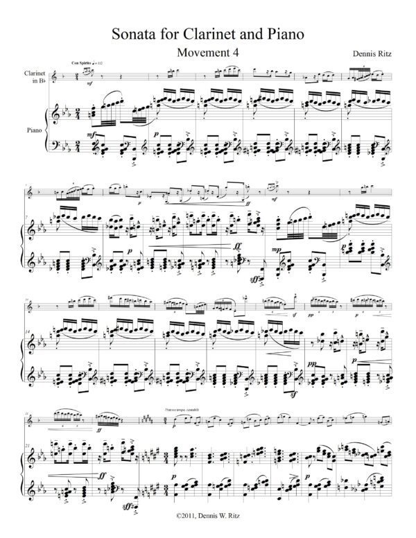 “Sonats for Clarinet Movement Four” music score