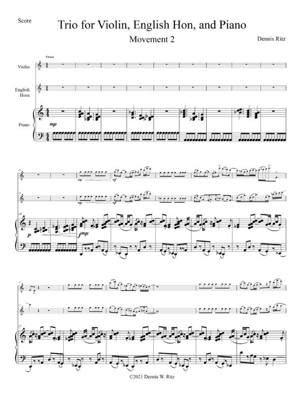 Musical sheet of “Trio for Violin, English Horn, and Piano Movement Two”