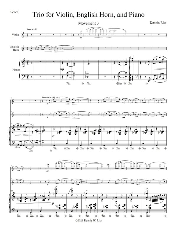 Musical sheet of “Trio for Violin, English Horn, and Piano Movement Three”