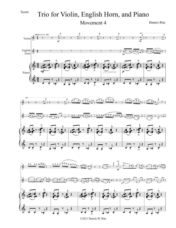 Musical sheet of “Trio for Violin, English Horn, and Piano Movement Four”