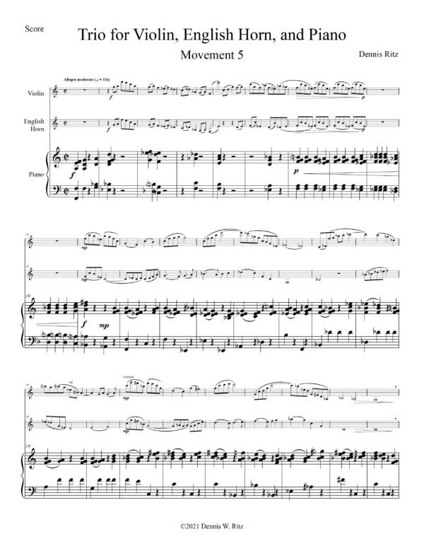 Musical sheet of “Trio for Violin, English Horn, and Piano Movement Five”